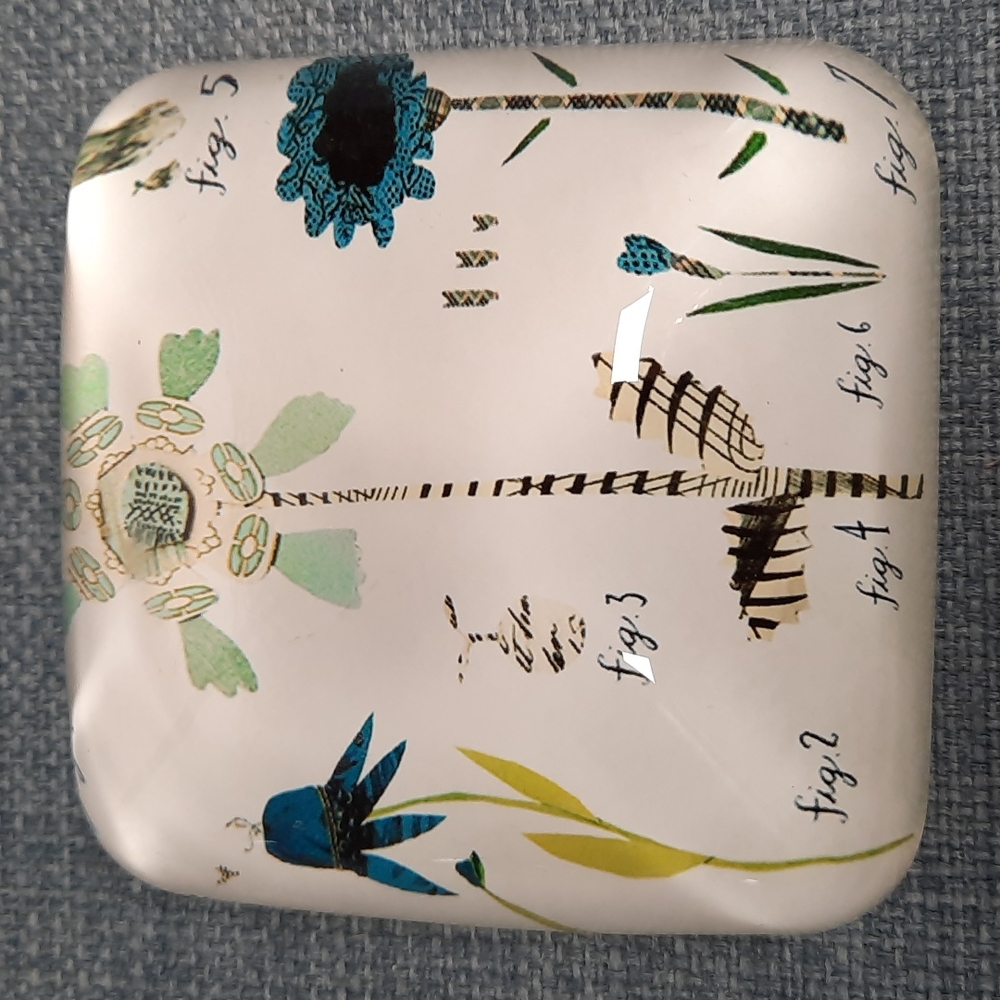 Glass Paperweight Blue Flower Floral Square Writing Desk Accessory Writer